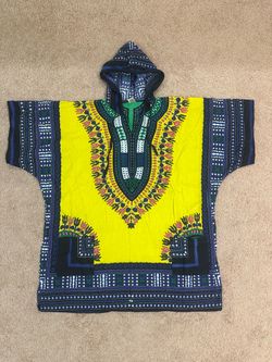 Men’s African Dashiki Hooded Shirt – Yellow & Blue – One Size – 100% Cotton