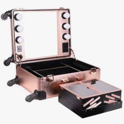 LUVODI Professional Rolling Makeup Artist Case with Lighted Mirror