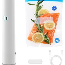 Compact Vacuum Sealer For Food + 5 Reusable Vacuum Bags, Rechargeable, 60KPA Suction Power, 1200mAH, Widely Compatible with Vacuum Bags/Containers/Win