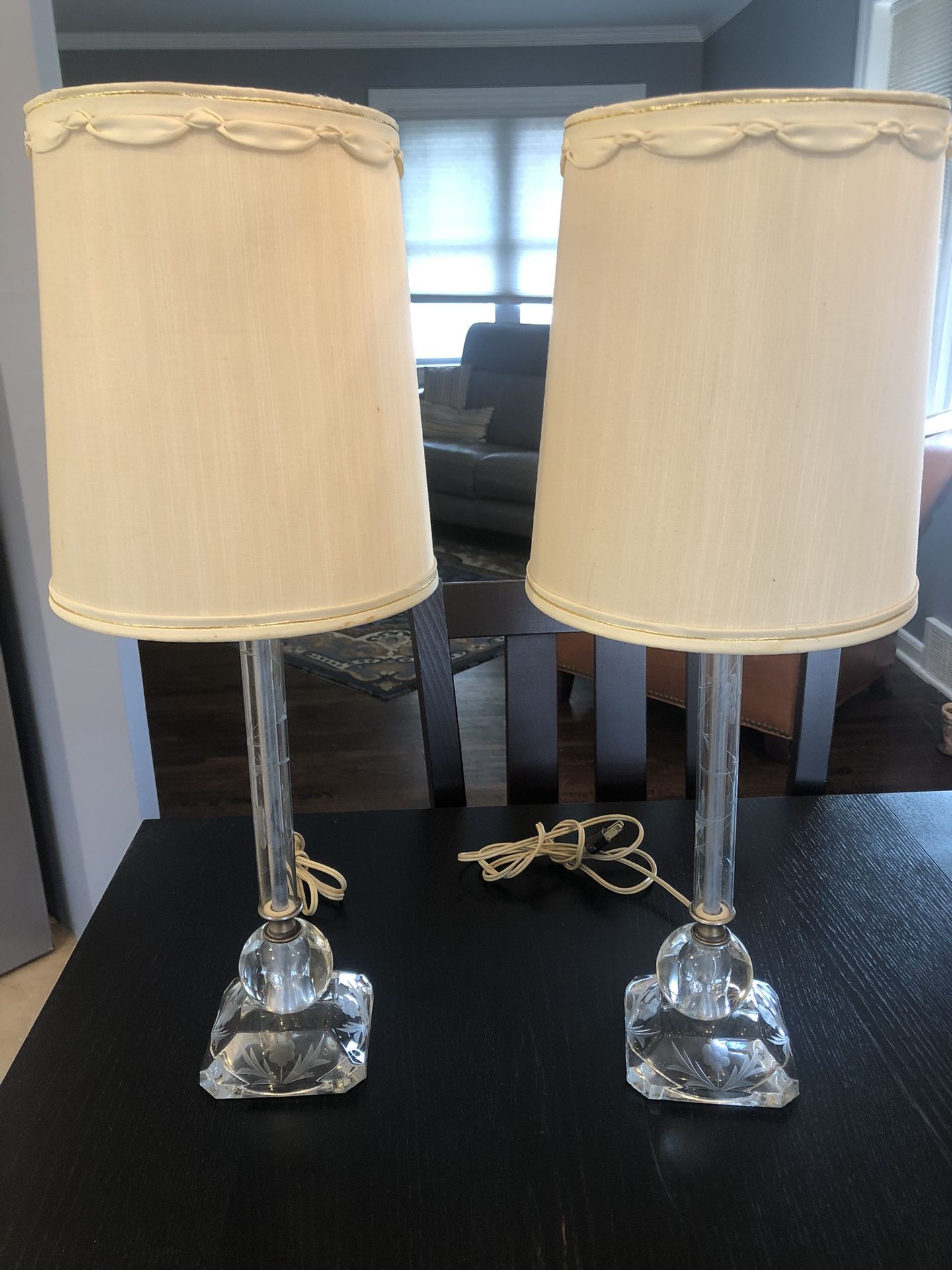 Pair of Elegant Vintage Glass Era Art Deco Floral Etched 22" Tall Boudoir Lamps