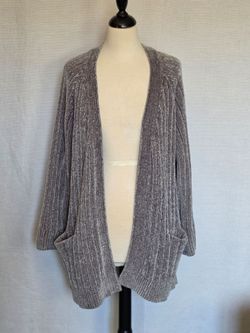 Cynthia Rowley Cardigan Sweater Open Front Gray Ribbed Pockets ~ Size XL