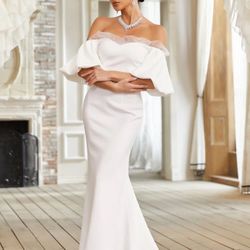 Giffniseti Off Shoulder Contrast Mesh Mermaid Hem Wedding Dress