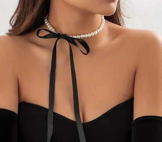 Faux Pearl Choker, Necklace With Black Silk String Tie. Adjustable!