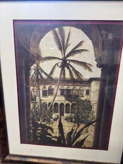 Tropical Hacienda lithograph in glass frame