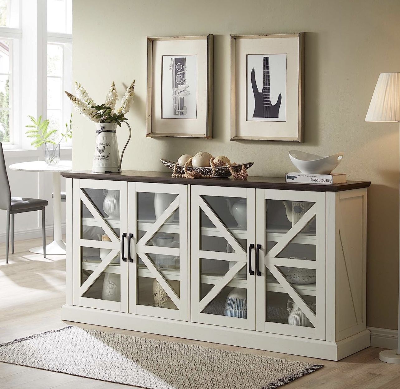 SinCiDo Farmhouse Buffet Cabinet with Storage, 70" Wood Sideboard Storage Cabinet w/4 Glass Barn Doors & Adjustable Shelf, Bar Cabinet for Kitchen, Di