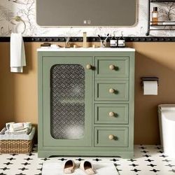 NEW Green 30 in. W Single Sink Freestanding Bath Vanity with White Ceramic Top, shelves, Drawers/Soft Close Glass Door