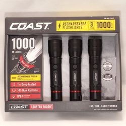 Coast 1000 Lumen LED Rechargeable Flashlight 3-Pack