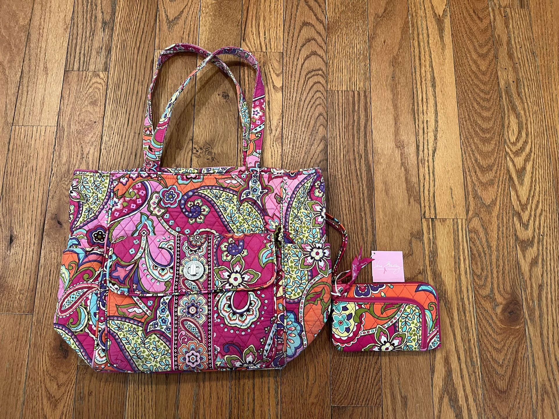 Vera Bradley Pink Swirls Paisley Quilted Purse Tote Bag Wallet Set Lot