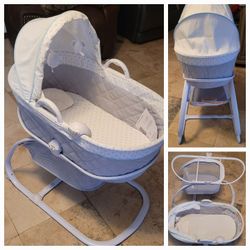 DELUXE Bassinet, Moses Bassinet Crib 2 In One: Rolls, Removable, Storage Basket, Bed Side, Music Tones, Cover & Hanging Toys
