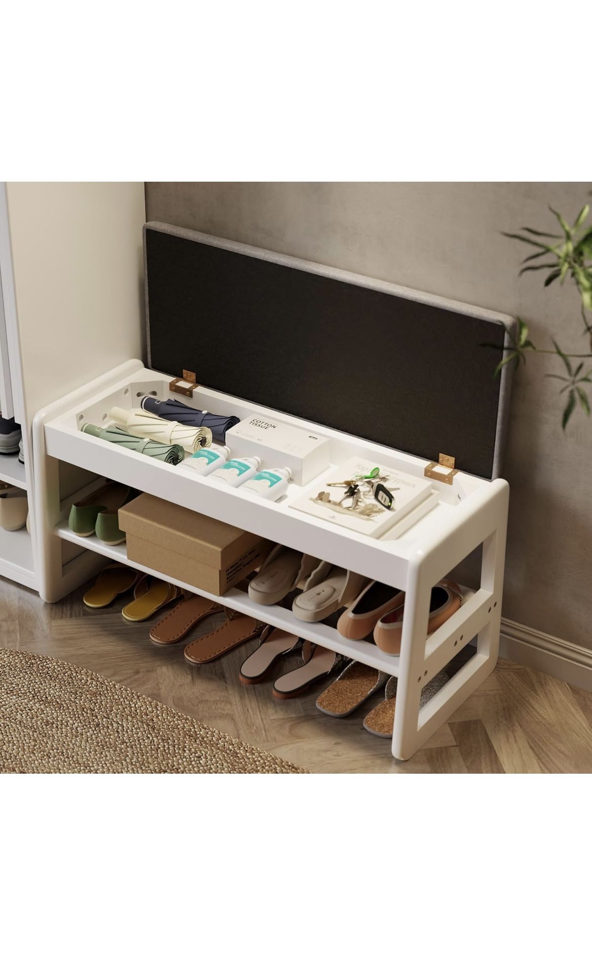 Shoe Rack Bench with Cushion,2 Tiers Shoe Bench with Flip-Top Storage,Wood Shoe Rack for Entryway,Hallway, White