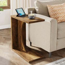 C-Shaped End Table for Couch, Sofa Side Table, C Table for Small Space (1, Rustic Brown)