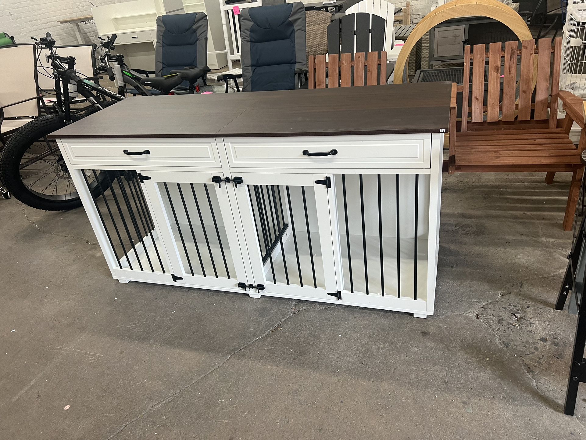 Large Dog Crate Furniture, 64.6" Wooden Dog Crate Kennel with 2 Drawers and Divider, L Heavy Duty Dog Crates Cage Furniture for Medium Dog or 2 Small 