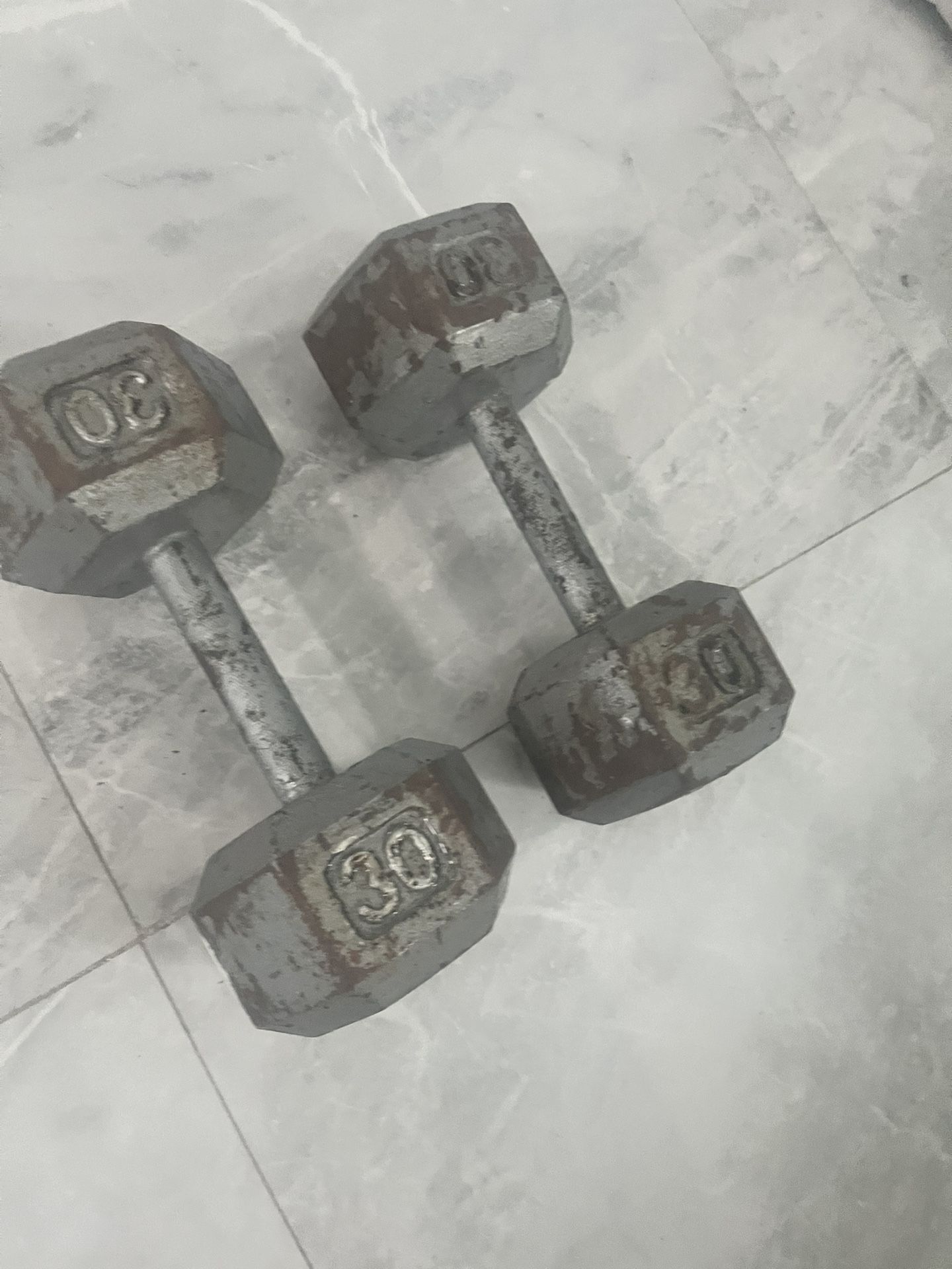 Pair of 30lb steel hex dumbbells total 60lb