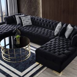Lauren Velvet Black Double Chaise Sectional /couch 