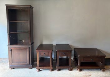 Bookshelf, side tables, and lift top table