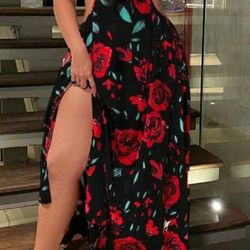 Floral Split Side Open Black And Red