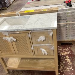 Home Decorators Collection Arcott 37 in. Single Sink Fluted Natural Wood Bath Vanity with White Carrara Marble Top (Assembled)