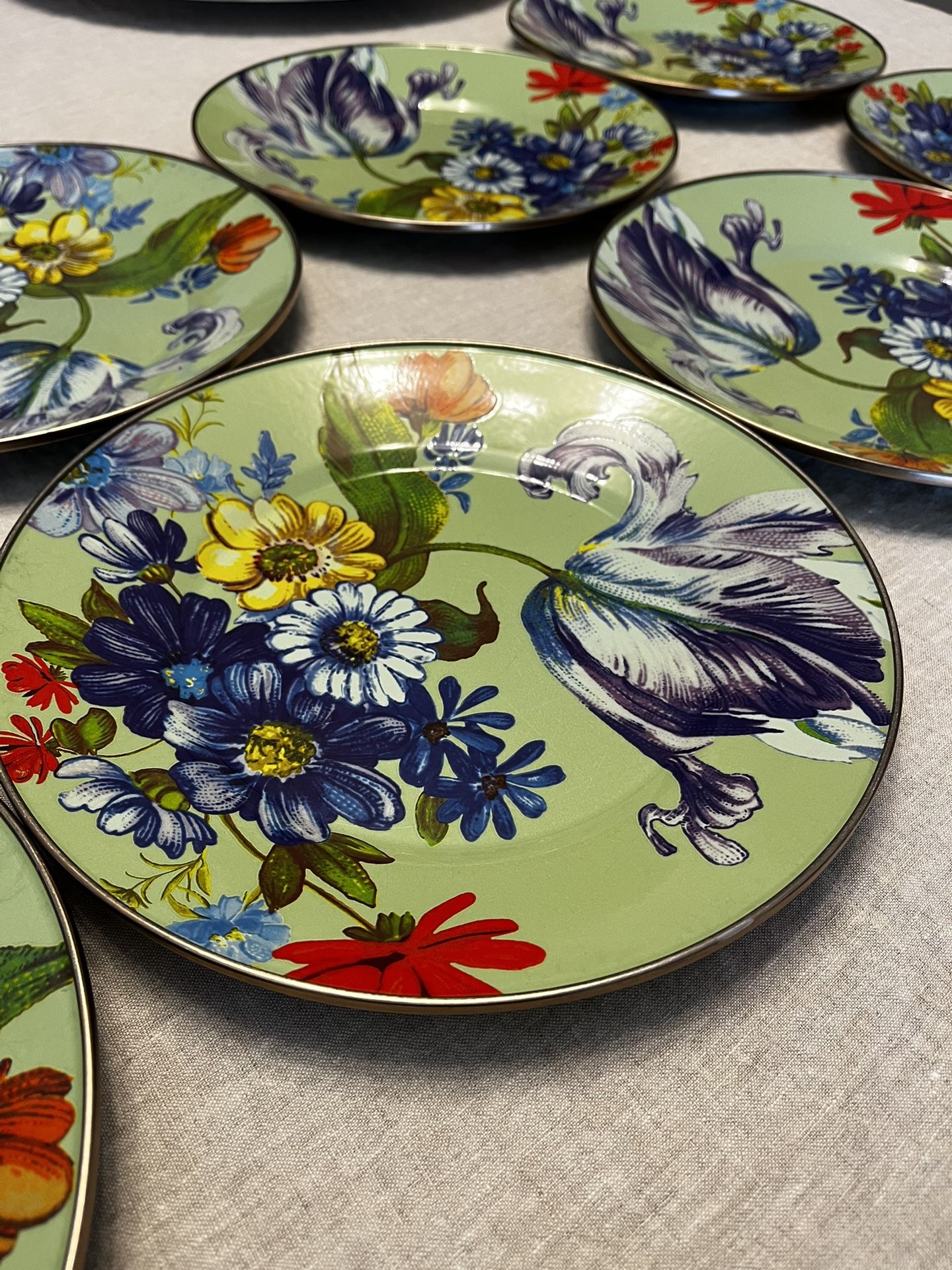 Makenzie Childs Green Flower Market Enamelware Dinner Plates Set Of 8