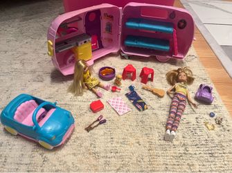 Barbie Club Chelsea Pink Camper Playset and Barbie It Takes Two Stacie Camping Doll