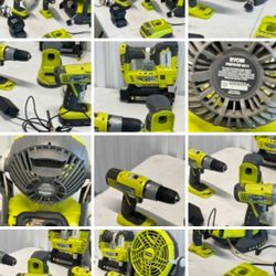 Lot Ryobi PMF01 18v Ryobi P320 Ryobi P411 Ryobi P215 Ryobi P271 2 Batteries 2 and 2 chargers  PMF01ID 18V FAN  P320 18V 18 GAGE AIR STRIKE NAILER P411
