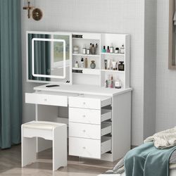 Large Vanity Set Makeup Vanity Dressing Table with Sliding Lighted Mirror, 5 Drawers & Shelves, Dresser Desk and Cushioned Stool Set (White)