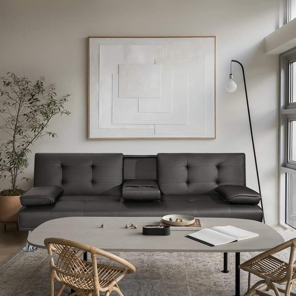 New Sofa Bed Modern Faux Leather Bed Convertible Folding Recliner for Living Room with 2 Cup Holders and Armrest Modern PU Leather Convertible Futon w