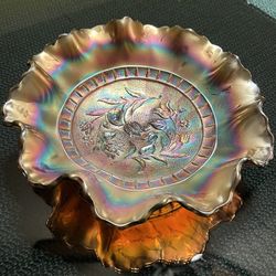 Vintage Dugan Carnival Glass Oval Marigold Bowl Wildflower Ruffled Edge 8.5” excellent condition 