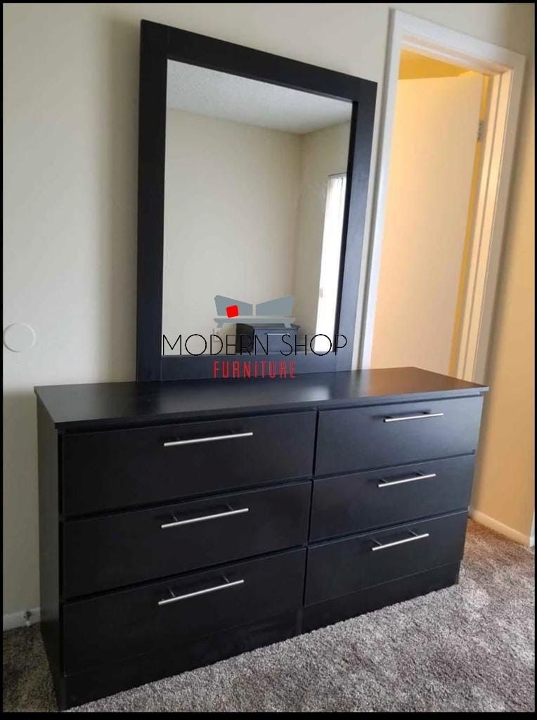 BLACK DRESSER WITH MIRROR .