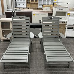 Set of 2, Outdoor Chaise Lounge Chair, Patio Lounge Chairs for Outside, HDPE Lounge Chairs with Wheels & Cup Holder, Poly Lounge Chair with 5 Position