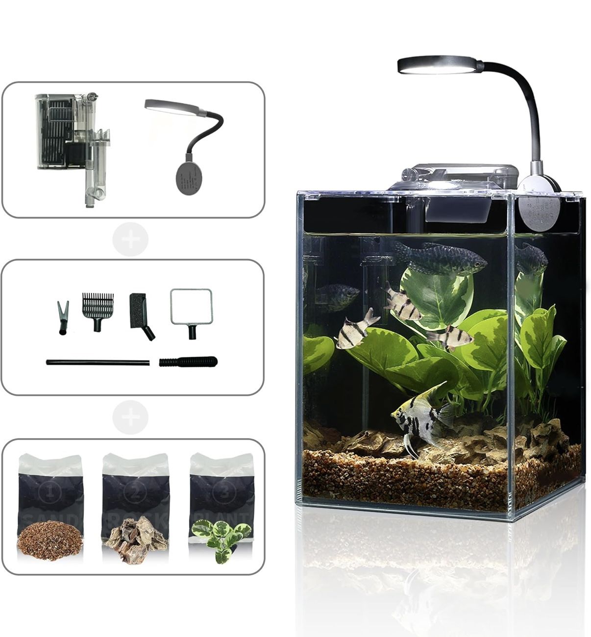 New 1.5 Gallon Aquarium Fish Tank with gravel, Fish, plants, filter and led light.
