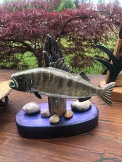 Handcrafted Wooden Smallmouth Bass Fish Sculpture