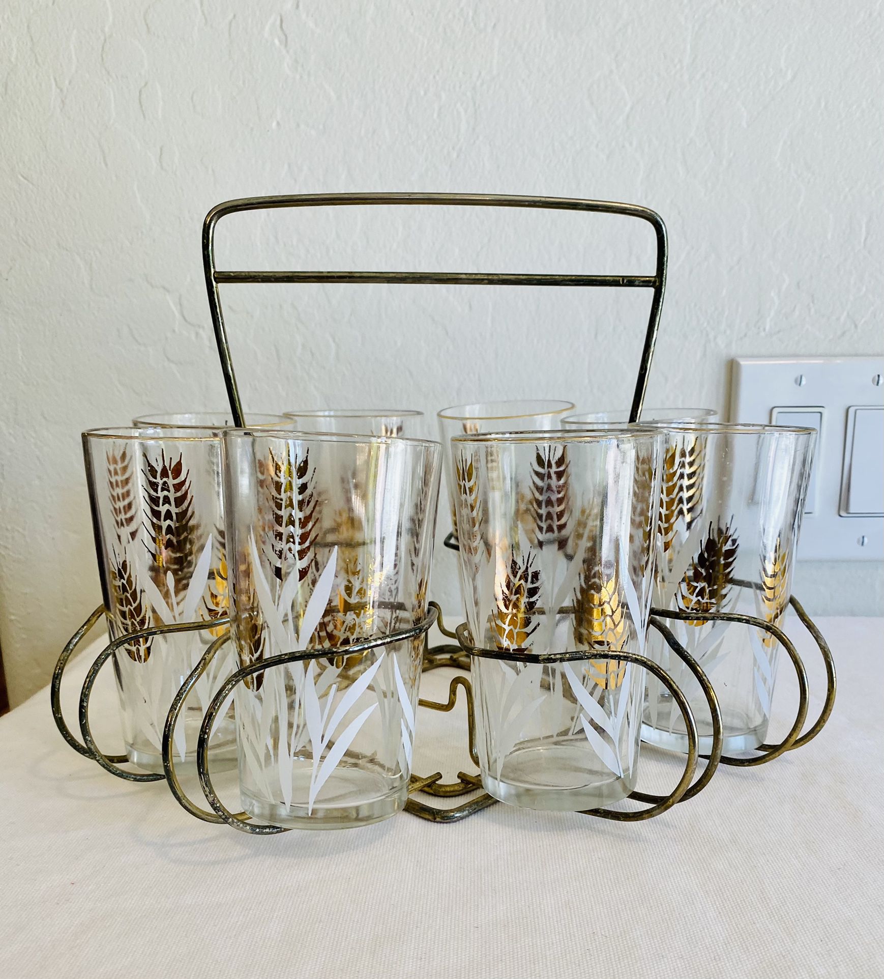 vintage mid century modern gold wheat glasses with caddy