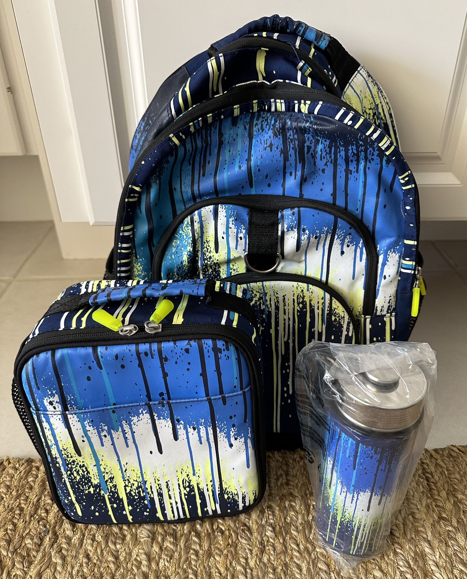 Pottery Barn Teen Blue Paint Drip Glow in Dark Backpack Lunch Bag and Water Bottle Trio - Perfect for Back to School!