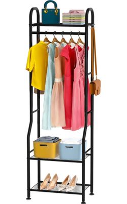 (2716)Clothes Rack with 3 Metal Shelves, 72" Tall, Black
Carbon Steel, 8 Hooks & Leveling Feet, For Small Spaces, Laundry Room