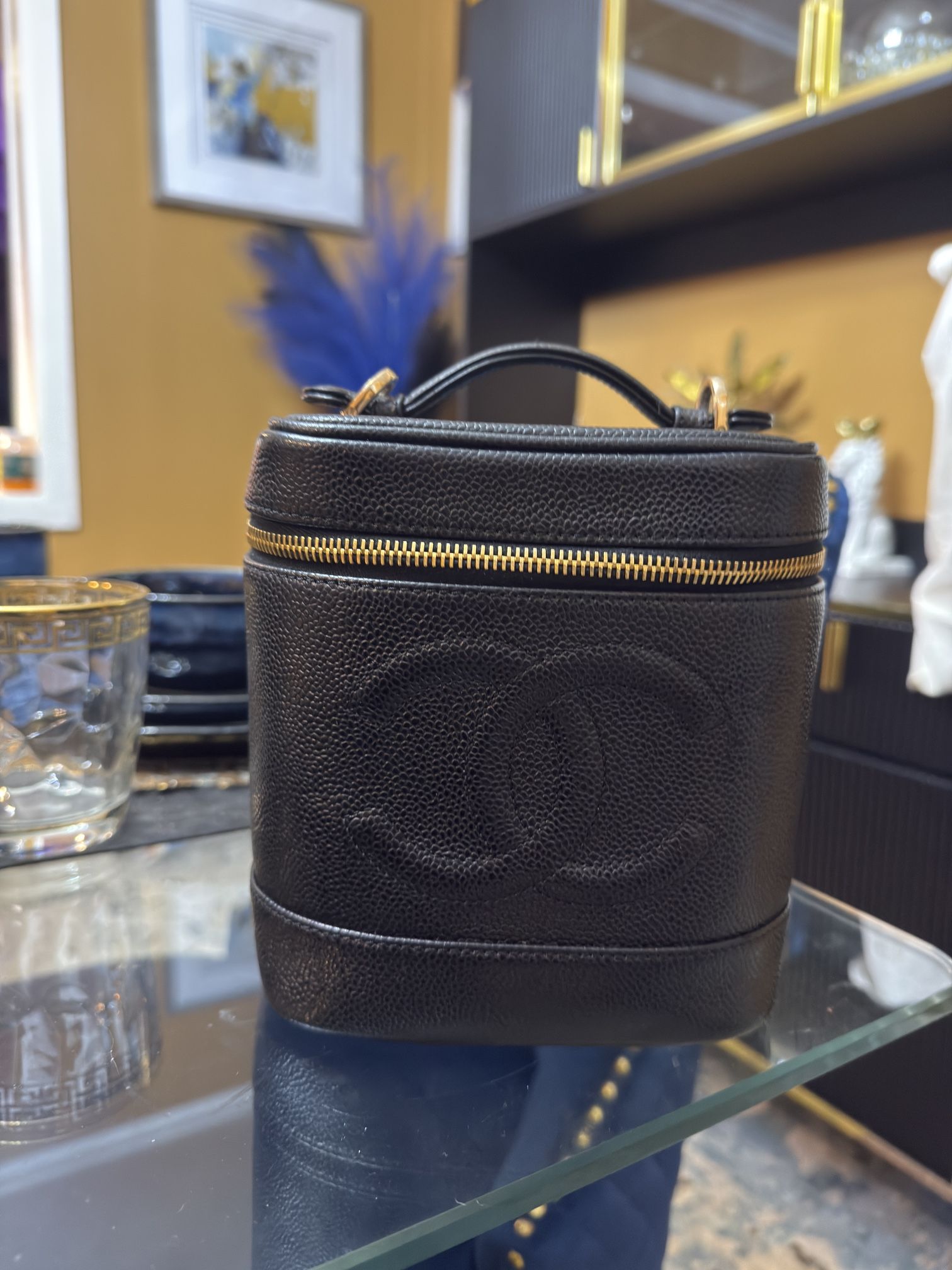 Authentic CHANEL COCO Mark Vanity Handbag Grained calfskin Black