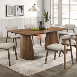 Mid-Century Modern Dining Table Set with 6pc Padded Chairs