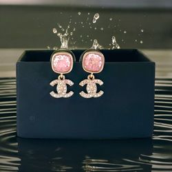 Authentic current Chanel Gold Pink Mirrored Dangle CC earrings 