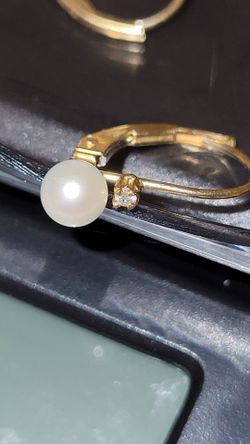 BEAUTIFUL 14K SOLID YELLOW GOLD PEARL DIAMOND DROP EARRINGS