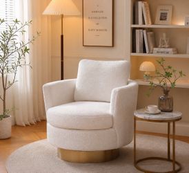White Modern Round Accent Chair With Tall Backrest, 360 Degree Comfy Teddy Fabric Chair  [NEW] **Assembly Req**