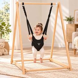 Wooden Baby Jumper with Stand for 6-36 Months, Adjustable Baby Bouncer for Indoor/Outdoor Play, Foldable Toddler Jumper for Baby Girl/Boy, Easy to Ass