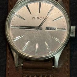 Vintage Nixon, The Century Leather Quartz 42 Mm Day And Date Brown And Silver Watch Works Perfect