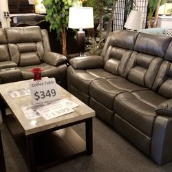 Brand New Gray Gel Leather Manual Reclining Sofa + Loveseat 2PCs Set