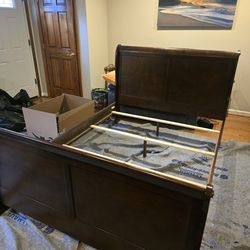 Queen Size Wooden Sleigh Bed Frame Dark Wood Complete Frame