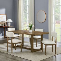 5Pc 72'W Rectangular Walnut Oak Finish Sled Dining Set with Beige Sherpa Fabric Chairs