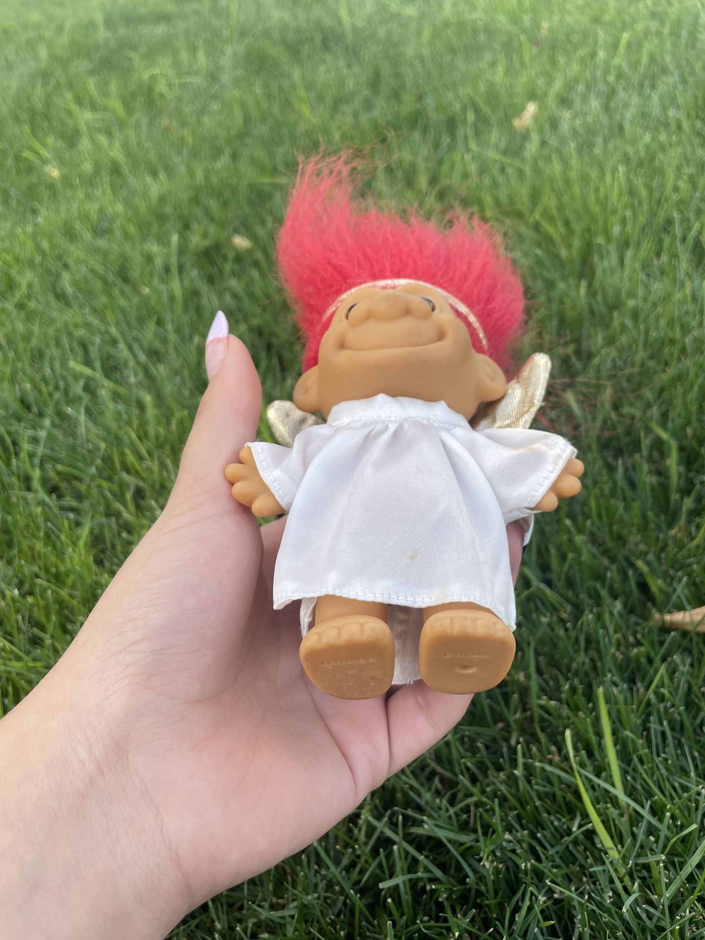 Vintage RUSS 6" Christmas Angel Wings Troll Doll Red Hair Toy  White Gold Halo