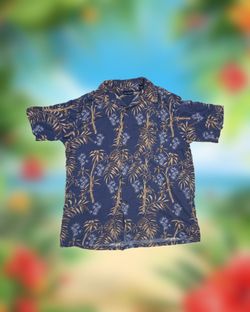 Vintage John Ashford Men’s Size Medium Navy Tropical Print Button-Up Shirt