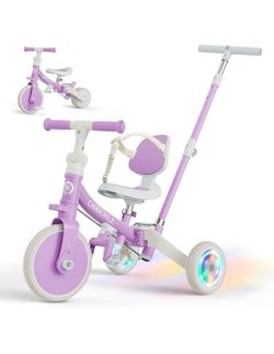5-in-1 Tricycle for Toddlers 1-3, Convertible Toddler Bike with Push Handle & Removable Pedals, Balance Bike with Colorful Lighting Wheels, Adjustable