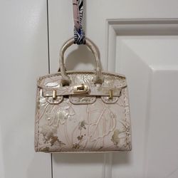 Mini Pearl Pink Birkin Style Bag Charm – Floral Embossed Purse Keychain