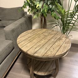 Rustic Round Wood Coffee Table with Shelf