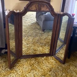 Antique Tri Fold Wood Mirror 
